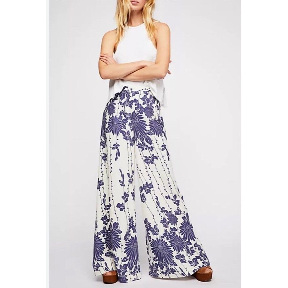 Free People Sundae‎ Stroll High Waist Wide Leg Blue Floral Spring Sz 10